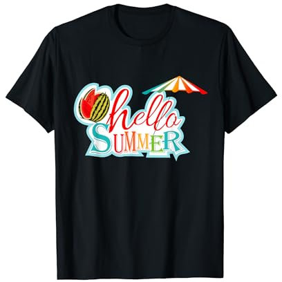HOLA VERANO Y SANDIAS Y SOMBRILLAS DE PLAYA VIBRANTES Camiseta