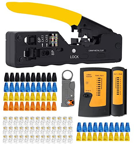 MAYLINE RJ45 RJ11 RJ12 Crimp Tool Pass Through Crimper with 50pcs Connetors and 50pcs Covers Cable Tester Cutter Set, Network Multi-Function Cable Crimping Tool(Yellow)