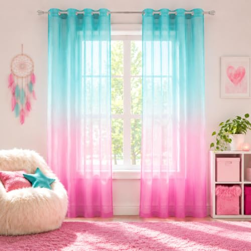 KOUFALL Pink and Green Curtains,Teen Girl Bedroom Decor Ombre Sheer Curtains for Kids Room Decorations Mermaid Aqua and Light Pink 52 x 84 Inch Length