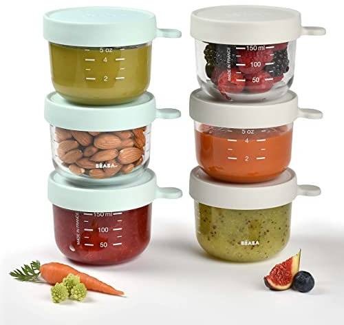BÉABA, Coffret de 6 Portions Verre, Made in France, Repas Enfant/Bébé, Extra-résistant, Résiste chocs thermiques, 100% hermétique, Graduation, 150mL,Dark Blue/Light Mist
