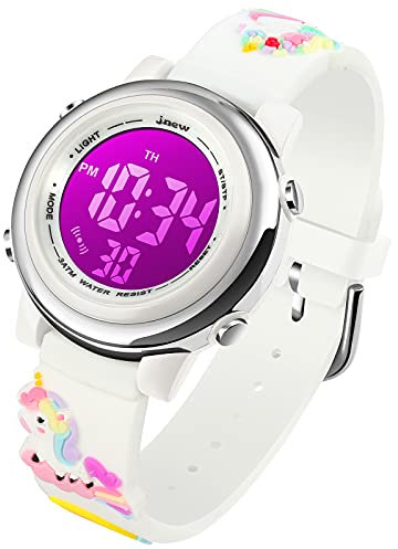 Kinder-Armbanduhr mit Einhorn-Motiv, wasserdicht, digital, 3D, niedlich, Cartoon, Outdoor-Sport, 7 Farben, LED, leuchtend, Stoppuhr, Alarm, Weiß, Sportlich