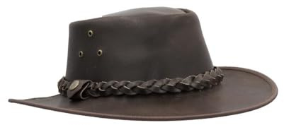WALKER AND HAWKES - Premium Brown Full Grain Cowhide Leather Outback Braided Traveller Hat for Men and Women - Dark Brown - X-Large (60cm)