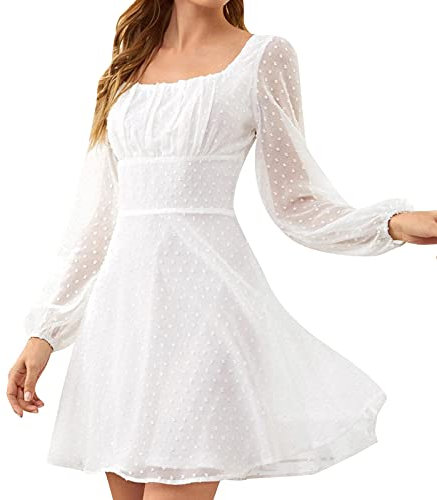 Skaterkleid für Damen Elegantes modisches einfarbiges Jacquard Chiffon-Kleid A-Linien-Kleid mit eckigem Kragen und langen Ärmeln Swingkleid mit hohem Bund und Patchwork Minikleid Party Kleid(S,Weiß)