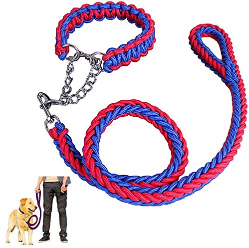 Dog Rope Heavy Duty Dog Woven Leash Collar Set Nylon Eight Strand Braided Lead Pet Walking Training Rope Non-slip Handle Collar for Small Medium Large Dogs (Blue+Red, L)