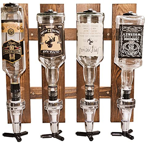 Gesonlinka 4 Flaschen Wandmontierter Likörspender, Getränke-Getränke-Alkohol-Weinspender, Flasche, Holz-Wandregal für Zuhause, Bar, Glas-Getränke-Whiskey-Spender für Partys (4 Spender)