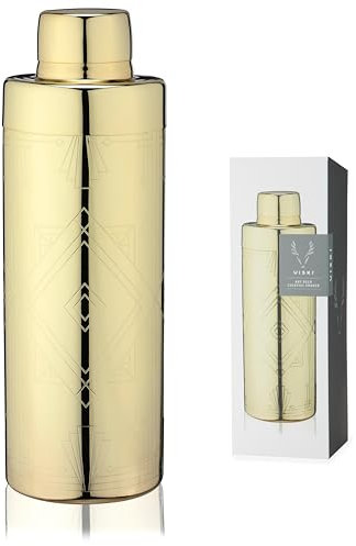 Viski Art Deco Gold Cocktail Shaker, 24 oz Etched Stainless Steel Shaker With Strainer & Gold Finish