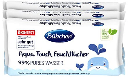 Bübchen Aqua Touch Feuchttücher, 144 Stück (3 x 48) – sensitive Pflegetücher mit 99% purem Wasser, feuchte Tücher für Neugeborene und Babys