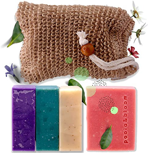 Poola Bloom Naturseife Männer 4er Set Handmade Seife mit Feuchtigkeitsspendender Seife Stück für Männer - Patchouli Lavendel Zitrone Eukalyptus - Palmölfrei Sisal Seifenbeutel