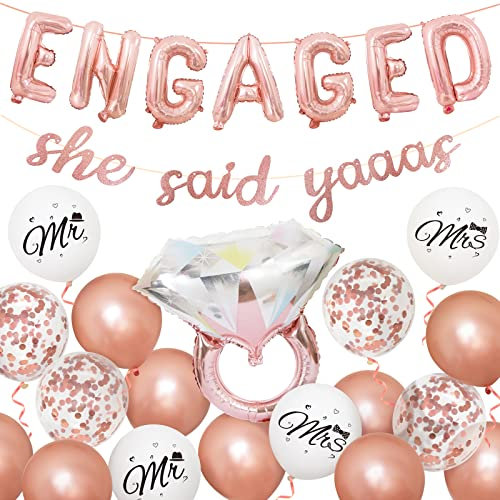 Bealif Engagement Balloons, Rose Gold Engagement Decorations, She Said Yaaas Banner, Diamond Ring Balloons Confetti Balloon for Engagement Party Decorations Bachelorette Party Accessories