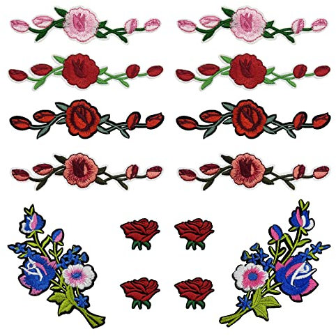 Woohome 14 PCS Rose Flower Iron on Patch, 4 Color Sewing on Embroidered Patches, Patch Embroidered Iron on Applique Patch for Craft, Sewing, Clothing, Backpack, Caps