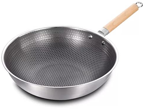 PURRL Sartén sin revestimiento de 32 cm, utensilios de cocina, wok de acero inoxidable de 1,8 mm de grosor, sin óxido, sartén Wok para estufa de Gas (A, 32 Cm),Utensilios de cocina little surprise