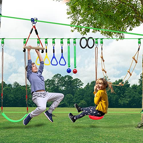 Enfants Ninja Warrior Handicap Course 2 × 56 Pieds Jeu de Corde lâche avec Tige de Singe échelle Escalade poignée poulie Disque Arbre Swing Gymnastique Anneau équipement d'entraînement en Plein air