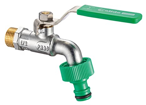 CALIDO Wasserhahn, 1/2“ Kugelhahn mit Gartenschlauchkupplung, Schnellkupplung mit Stopfbuchse, Grüner Hebelgriff, Kugelauslaufhahn aus Vernickeltem Edelstahl, Einfache Bedienung, Frostbeständig