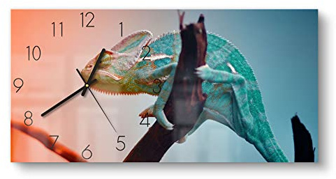 DEQORI Glasuhr | vertikal 60x30 cm | Motiv Chamäleon auf Ast | große XXL Design Uhr aus Glas | leise Wanduhr für Wohnzimmer & Küche | moderne Hingucker Uhr für die Wand