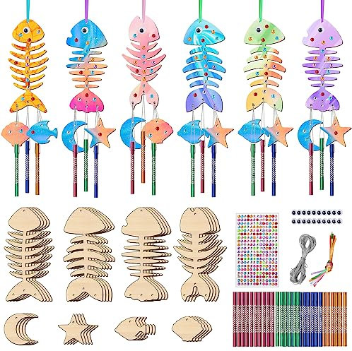Windspiel Bastelset Kinder, 16tlg Fischgräte Deko Doppelseitig Holz zum Bemalen, Holz Windspiel Basteln für Draußen Hängend mit Diamant Aufkleber Handwerk Geburtstag Geschenke Kreativsets