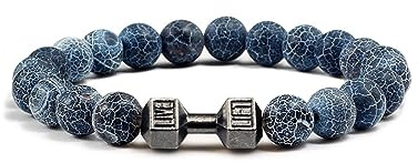 GAUEIOUR Bracelet avec haltères, pierre naturelle patinée bleue, bracelet en alliage élastique givré, bijoux de fitness pour hommes et femmes en acier inoxydable, bijoux de fitness pour hommes et