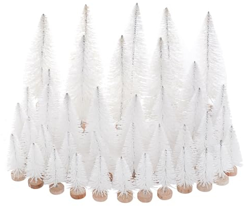 Yookat 40Pcs Artificial Mini Pine Trees Sisal Trees Bottle Brush Trees | Mini Trees with Wood Base,Assorted Color,for Christmas Xmas Decoration Winter Ornaments Indoor Party Home Table DIY Crafts