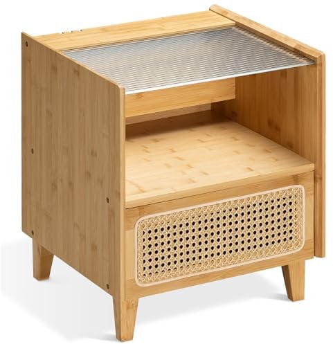 Navaris Table de Chevet rotin Plastique - Chevet de lit pour Chambre en Bambou 40 x 42,5 x 49,5 cm avec cannage en rotin Plastique et Plaque de Verre