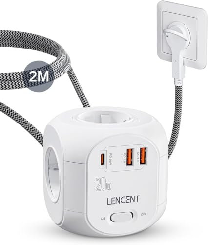LENCENT PD20W Schnellladung 4 Fach Steckdosenleiste Flachstecker Steckdosenwürfel 7 in 1 Mehrfachsteckdosen Cube Steckdose mit 2 USB-A & 1 USB-C, Steckerleiste mit 2 Meter Geflochtenem Kabel