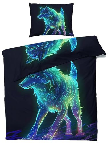MOBEITI Wolf Motiv Bettwäsche 155x220, Fantasy Wolfsmotiv Wendebettwäsche, Weiche Kuschelige Mikrofaser Bettbezug Set 2teilig, 1 Kissenbezug 80x80, mit Reißverschluss