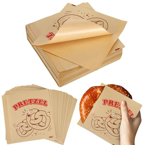 Grehge Soft Pretzel Bags 6.69 x 7.09 Inch Paper Sandwich Wrappers Grease Resistant Double Open Bags Food Snack Cookie Chocolate Holder for Stands Wedding Birthday Christmas (Patterned Style)