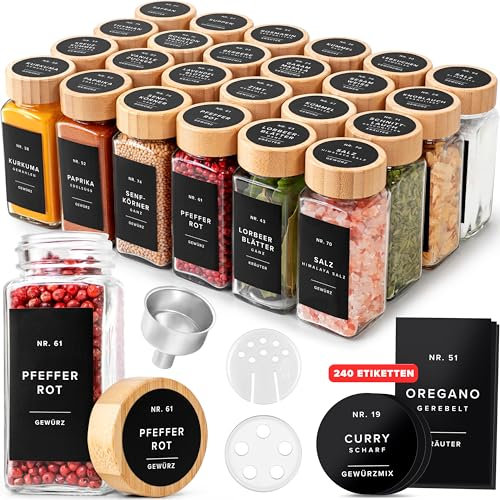 EDELHAUS Gewürzgläser Eckig Set mit Holzdeckel (24 x 120ml) Gewürzstreuer mit Streueinsatz und 240 Etiketten Schwarz - Bambusdeckel Gewürzbehälter, Gewürzdosen, Gewürze organizer [11cm x 4,5cm]