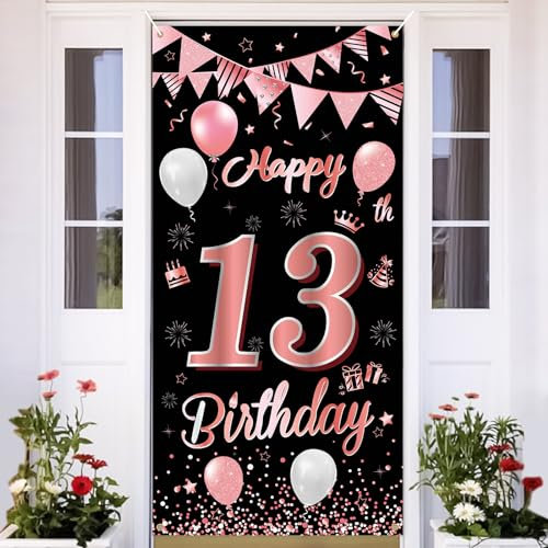13.Geburtstag Banner Roségold Schwarz,BTZO 13.Geburtstag Jungen,Deko 13.Geburtstagsfeier Mädchen,13 Geburtstag Poster Hintergrund Banner für 13 Party Geburtstagsdeko