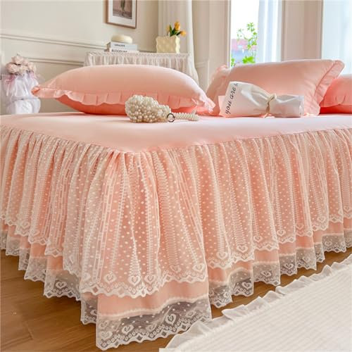 Odot Couleur Unie Cache-Sommiers Jupe de Lit, Désign de Bord en Dentelle Blanche Cache Sommier Jupe de Lit a Volant Draps Housses Élastique Drap Housse pour Matelas Epais (Rose,180x200cm)