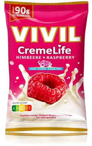 VIVIL Creme Life Himbeere, zuckerfreie Sahnebonbons, 1 x 90 g, glutenfrei | Cremiger Genuss mit echter Schlagsahne, Praktisch für Handtasche und unterwegs