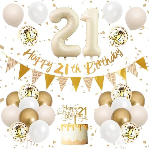 Sand White Gold & Beige Gold 18th Birthday Decorations - Happy 18th Banner, Cake Toppers, Balloons for Girls & Boys Party