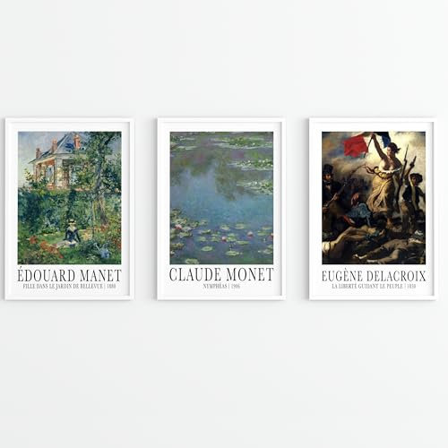 MJ-GRAPHICS® | Klassische Kunst Poster Set - Meisterwerke von Manet, Monet & Delacroix - 3xA4 300g Fine Art Kunstdruck - Wohnzimmer, Schlafzimmer, Büro für alle Kunstliebhaber - ohne Rahmen