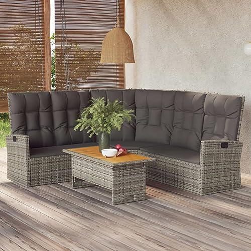 Keyroto 2-TLG.Gartenlounge Gartensofa mit Liegefunktion Sofa Balkon Rattan Sofa Lounge m?Bel Outdoor mit Kissen Poly Rattan Grau