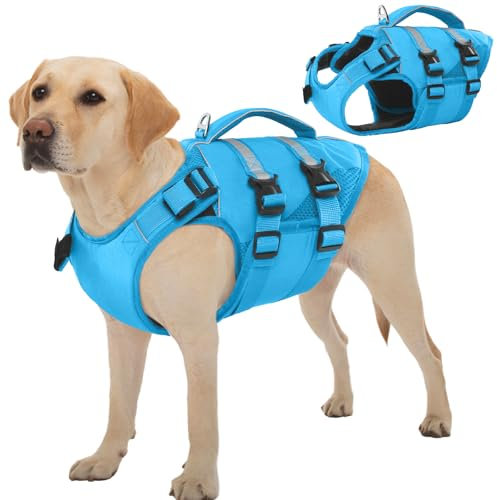 Kuoser Schwimmweste Hund Große, Rettungswesten für Hunde Schwimmweste mit Griff und Reflektierend, Verstellbar Hundeschwimmweste, Schwimmweste für Große Hunde mit Verbesserter Auftrieb, Blau XL