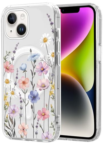 Knrlqim Cover Magnetica per iPhone 13/iPhone 14, Trasparente Aesthetic Fiore Custodia Compatibilità con MagSafe, Chiaro Silicone AntiGraffio Sottile PC Back Antiurto TPU Protettiva Case, Fiore 1