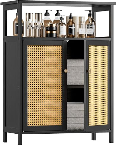 HITNET Armoire de Salle de Bain en Rotin, Meuble de Rangement avec Double Portes, Placard de Cuisine autoportante économisant de l’Espace décoration Domicile, Noir