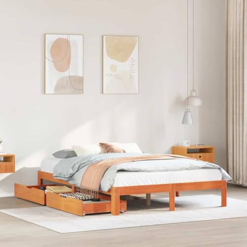 Qnhdfrt Massivholzbett mit Schubladen 120x190 cm aus Kiefer Natur Wachsbraun Lattenrost für en Schlafkomfort Stauraum Unterbett