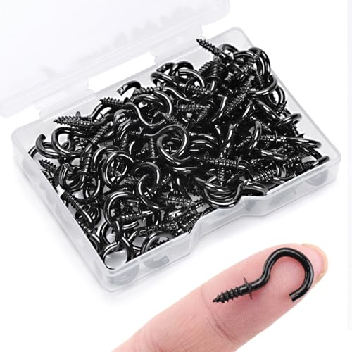 KINGLAKE 100 Pcs 1/2 Inch Small Screw in Hooks, Black Mini Wall Ceiling Hook for Wood, Under Cupboard, Cabinet Shelf, Hanging Keys, Fairy Lamp and Christmas Light