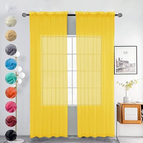 Youleyar 2 Set Sheer Transparente Gardine aus Voile Polyester Stab-Taschenfenster Transparent Vorhänge Wohnzimmer Dekoration für Schlafzimmer W140 X H245 cm Gelb