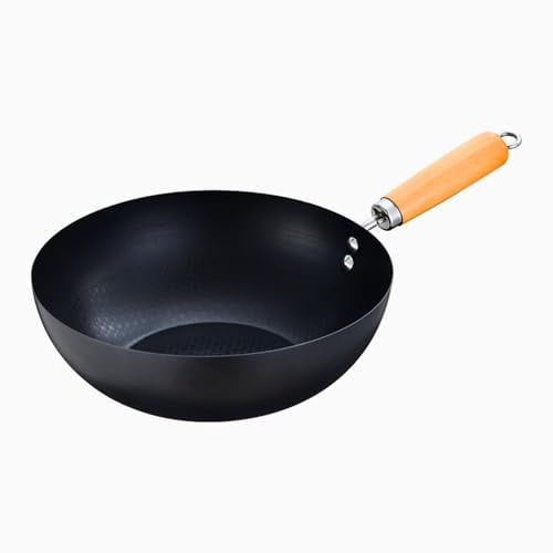 Everypan Essential Carbon Steel Non Stick Wok with Double Riveted Wooden Handle, Deep Pan, Flat Base, Non-Stick Deep Stir Fry Pan (20 cm Wok)