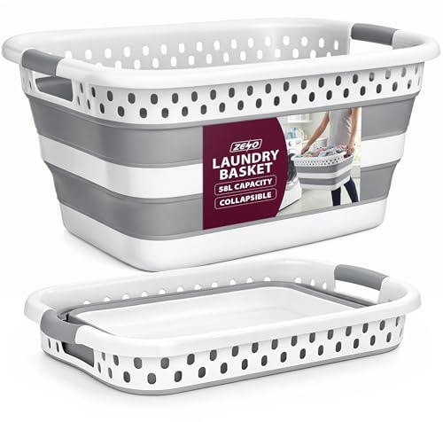 ZENO Collapsible Laundry Basket 58L | Foldable Washing Basket | Large Plastic Laundry Hamper for Clothes, Towels, Bedding & Laundry Storage | Pop Up Space Saving Basket | Portable Laundry Bin | White