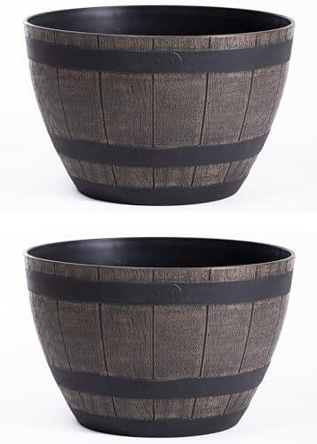 Garden Gear Curved Wooden Barrel Planter Rustic Oak Effect Weatherproof Plastic Outdoor Indoor Flower Pot 3 Sizes Medium Large XL (Medium x2)