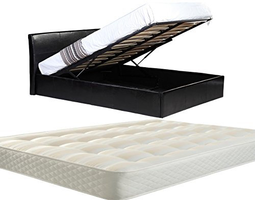 Direct Furniture Suppliers LUNA 4FT Small Double Faux Leather Ottoman Storage Bed Gas Lift Up (H: 88.5cm x W: 138cm x L: 203cm) and 17cm Thick Open Bonnell Spring Mattress (Black)