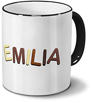 printplanet Tasse mit Namen Emilia - Motiv Schokoladenbuchstaben - Namenstasse, Kaffeebecher, Mug, Becher, Kaffeetasse - Farbe Schwarz