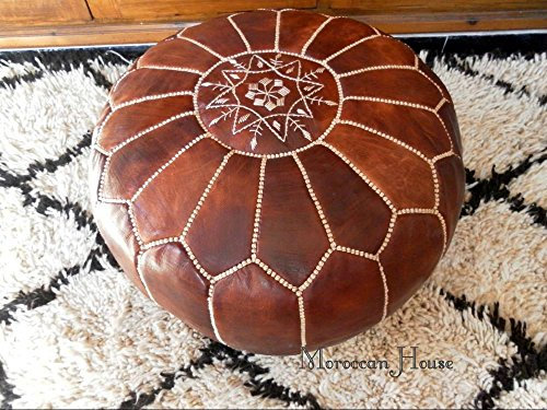 Marokkanischer Pouf | Wunderschöner handgefertigter Fußhocker-Bezug aus echtem Leder aus Marokko | Dunkelbraun mit weißer Naht | wird unbefüllt geliefert (Tabakbraun)