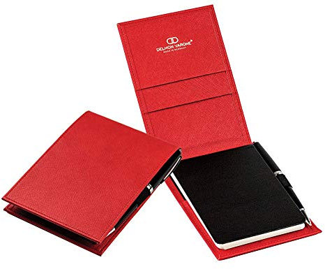 DELMON VARONE - Personalisierbares Notizblock Etui DIN A6 aus Lederimitat Saffiano rot, Klassischer Reporterblock im Hardcover Kunstleder Einband, Stiftschlaufe, Einschubfächer & blanko Block liniert