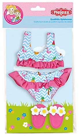 Heless 299 - Schwimm-Set für Puppen, 3 teilig, Bikini mit Badeschläppchen, Flamingo, Größe 35 - 45 cm, für Badespaß an heißen Sommertagen