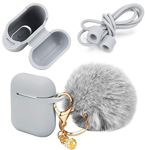 Pinowu Schutzhülle mit süßem Pompon-Ball-Schlüsselanhänger kompatibel mit AirPods-Ladekoffer, voller Silikonhülle und Anti-Lost-Strap für AirPods als Geschenke (Grau)