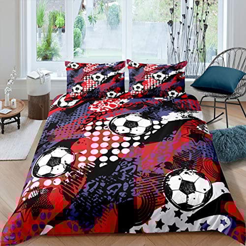 feelingyou Fußball der Roten Graffiti Bettwäsche-Set Hip Hop Ball Sport Bettwäsche Set 135x200cm Fussball Spiel Betten Set für Kinder Jungen Mädchen Teenager 2St.Reißverschluss Mikrofaser