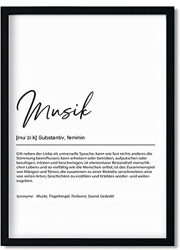 Urhome Kunstdruck Definition Musik mit Bilderrahmen Schwarz in DIN A5 - Worterklärung wie im Duden Lexikon Wandbild Wanddeko mit Spruch Holz Rahmen für Wohnung Familie Freunde Geschenk