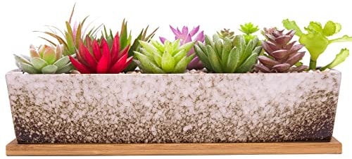 ARTKETTY 30cm Ceramic Succulent Plant Pots, Modern Long Rectangle Flower Plant Containers with Tray, Shallow Cactus Bonsai Window Box with Drainage for Indoor/Outdoor Home Decor(White)